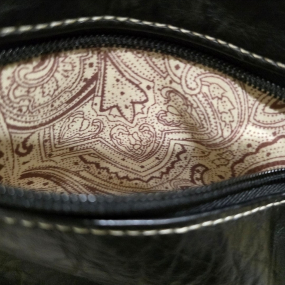 Woman's Black/Brown Leather- Like Purse With Flowers On Handles, Size 21x12x5 - Picture 11 of 12
